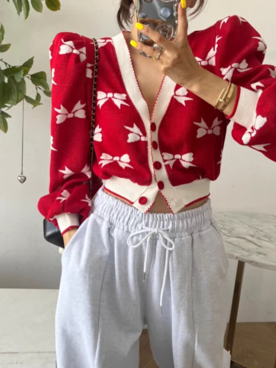 

Women's ort Bubble Sve Knitted Cardigan V-Ne Long Sve Slim Fit Retro Button-Up Knot Print Top