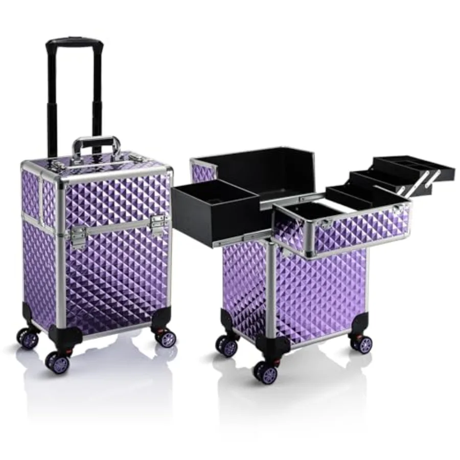 

Rolling Makeup Train Case Large Storage Cosmetic Trolley 4 Tray with Sliding Rail Removable Middle Layer with Key Swivel Wheels