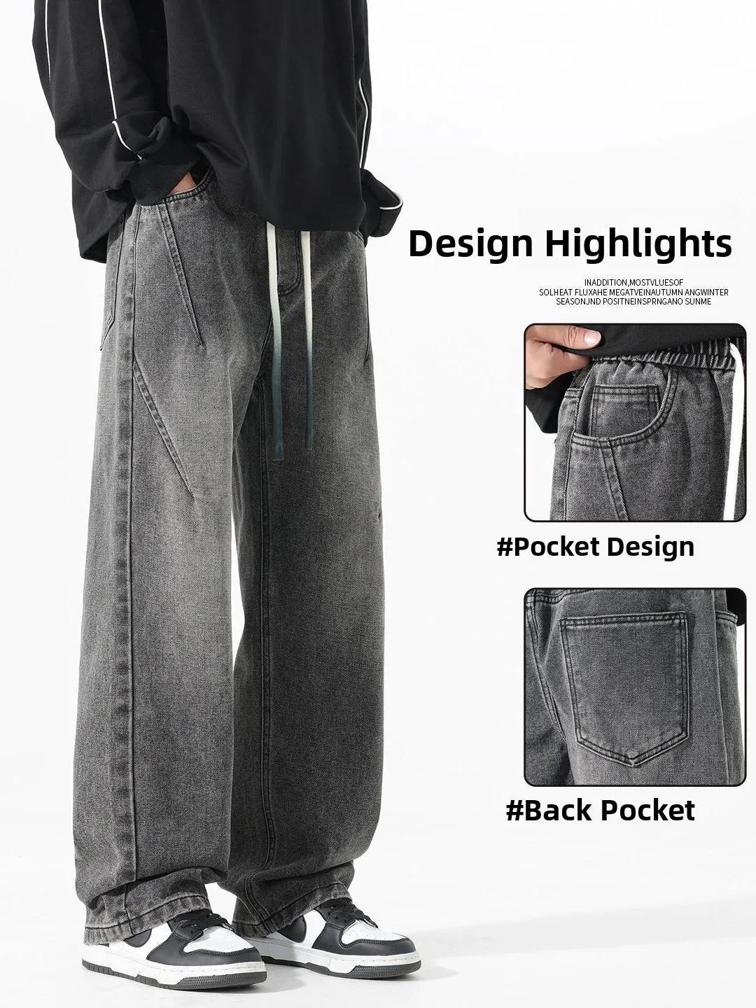

American Sle Wide Leg Men's Jeans Dstring High Waist Floor Length Casual Straight Cut Trousers Youth Faion Cotton Stre...
