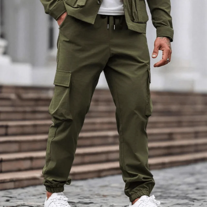 European and American Style Men's New Cargo Pants Casual Long Pants Drawstring Multi-Pocket Cargo Pants