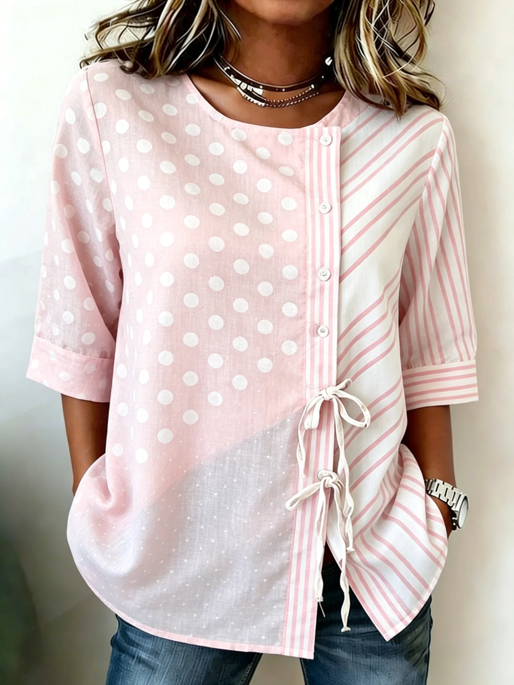 

Women's Pink Polka Dot & Stripe Patchwork Drawstring Button Up Blouse, Casual Round Neck Tops for Spring Summer Daily Wear