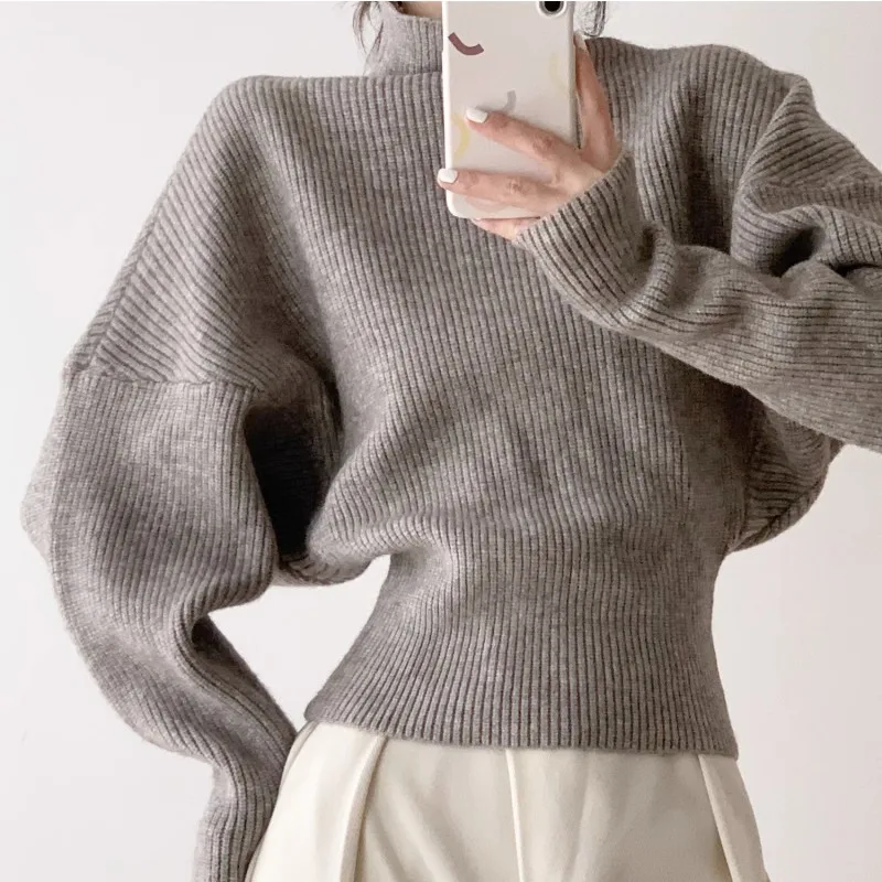 Women\'s High Neck and Wide Shoulder Knitted Sweater, New High-End Design with Unique Bubble Sleeves, Fash, Autumn and Winter