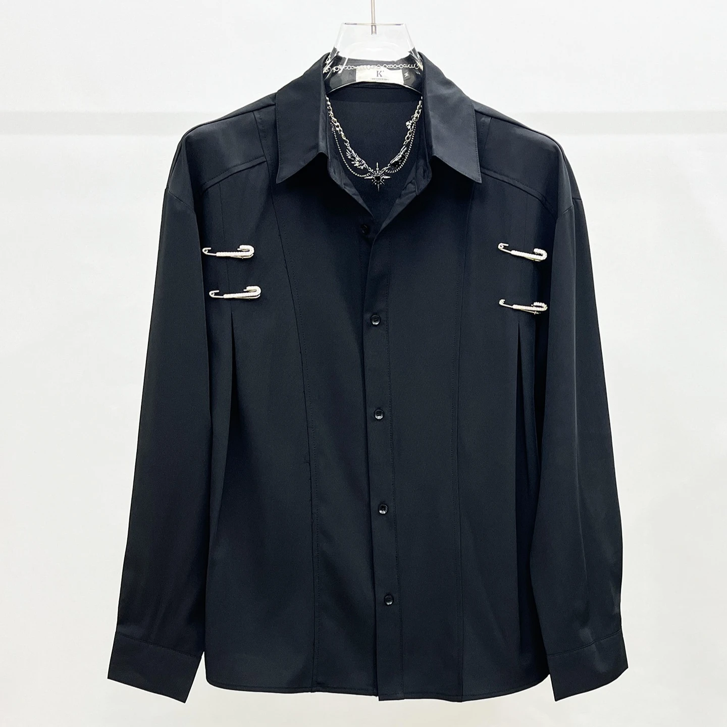 2025 Metal Pin Decorative Shirt for Men Loose Fashion Versatile Long Sleeve Casual Shirts Personalized Trendy Social Party Shirt