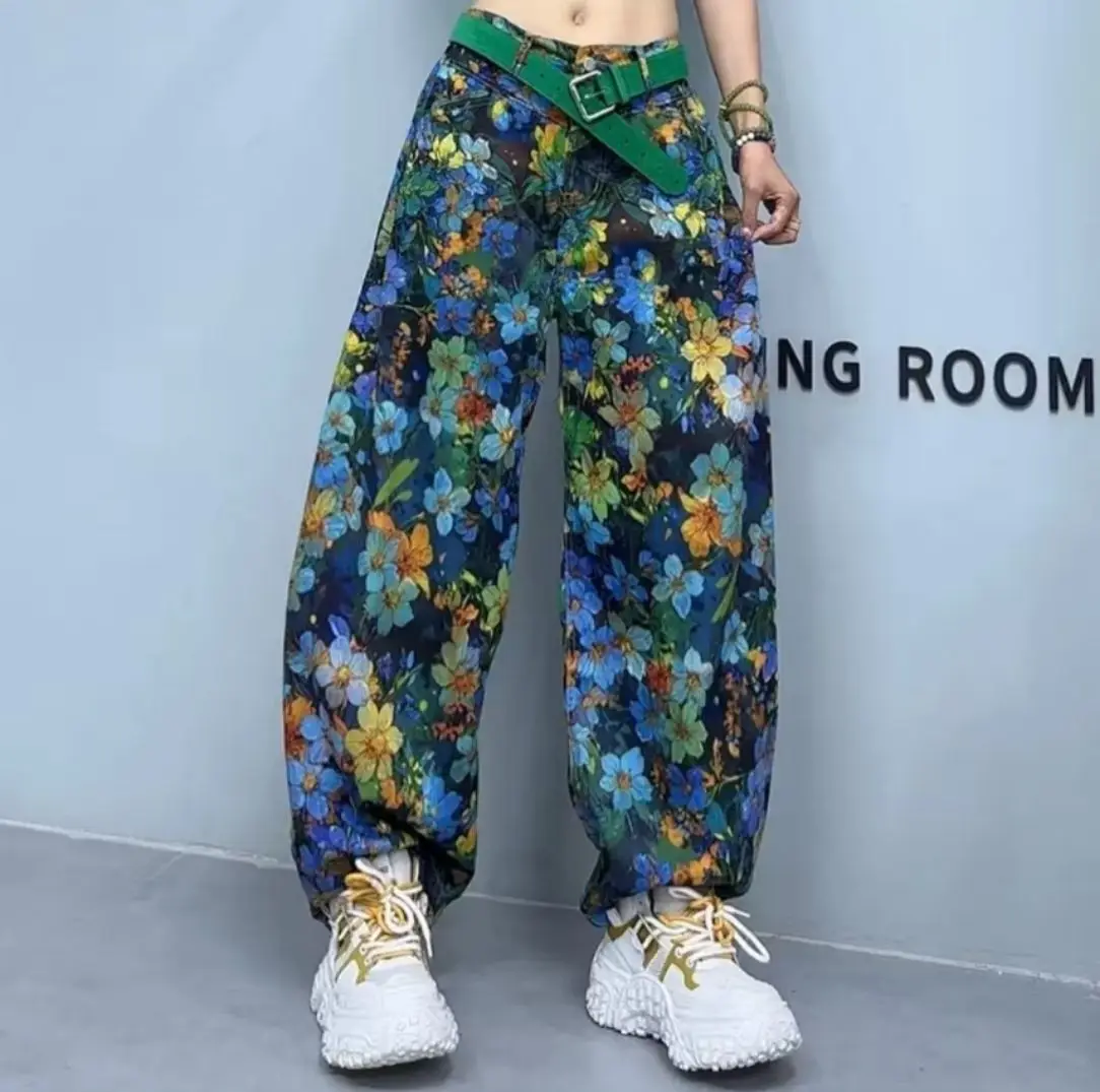 Autumn Winter Female Casual Gradient Denim Pantalons Women Wide-leg Cowboy Trousers American Ladies High Waist Starry Sky Jeans