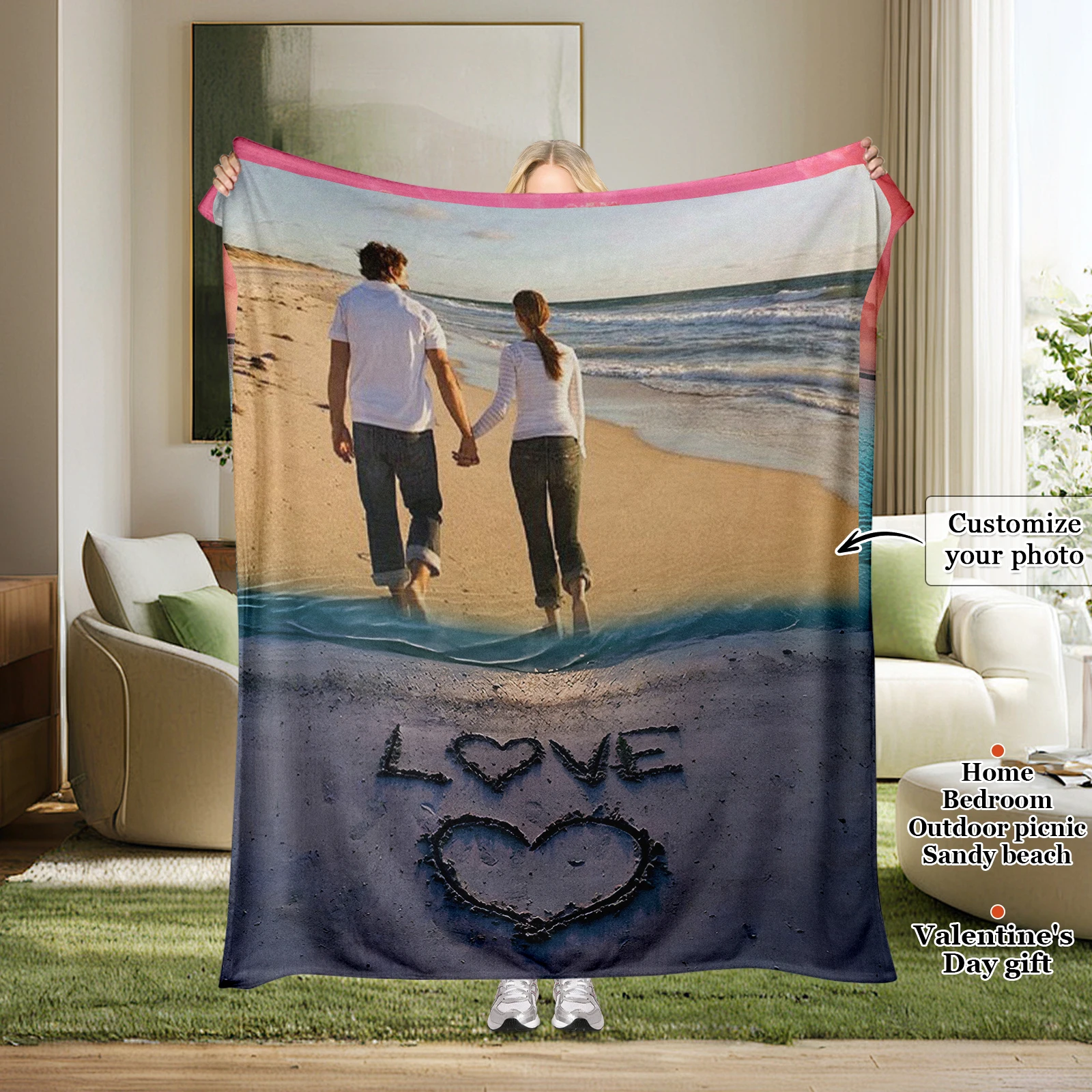 Customized Beach Holding Memory Couple's Blanket Romantic Walking by the Sea Holding Hands Memorial Gift for Your Partner