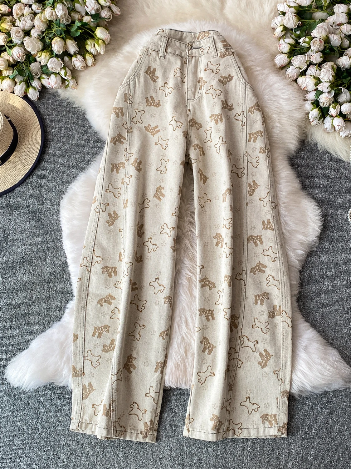 

Slimming High Waist Straight Leg Jeans Women's Fashionable Vintage Print Wide Pants Summer Casual Comfortable Medium Stretch