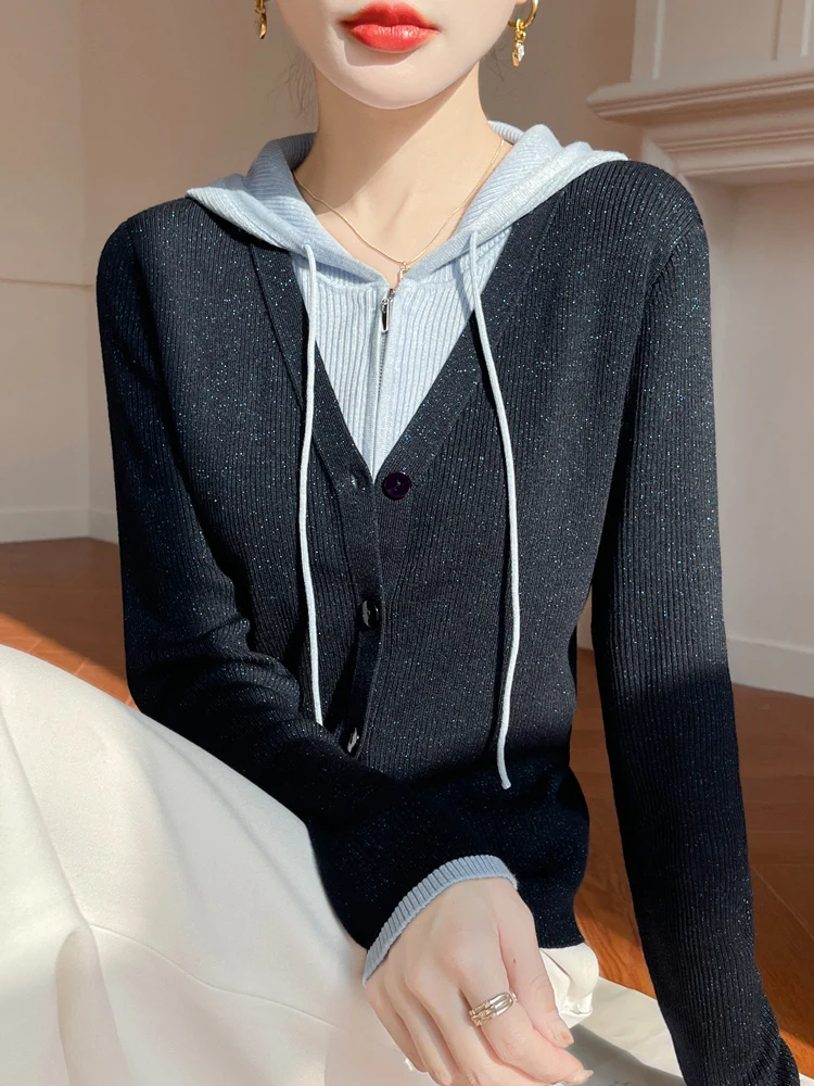 

Spring New Slim Fit Woolen Knitted Cardigan Women's Hooded Fake Two-Piece Thin Sweater Jaet Layering Versatile Outerwear