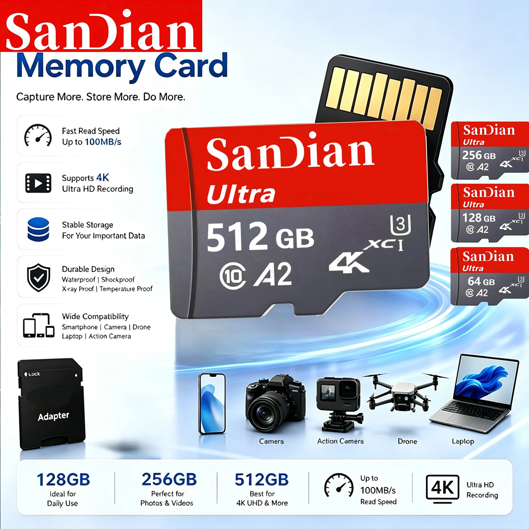 Portable SD Cards 256GB 128GB 64GB Memory Card Micro TF SD Card TF Cards V10 Full HD Class 10 for Smart TV/PC/Drone