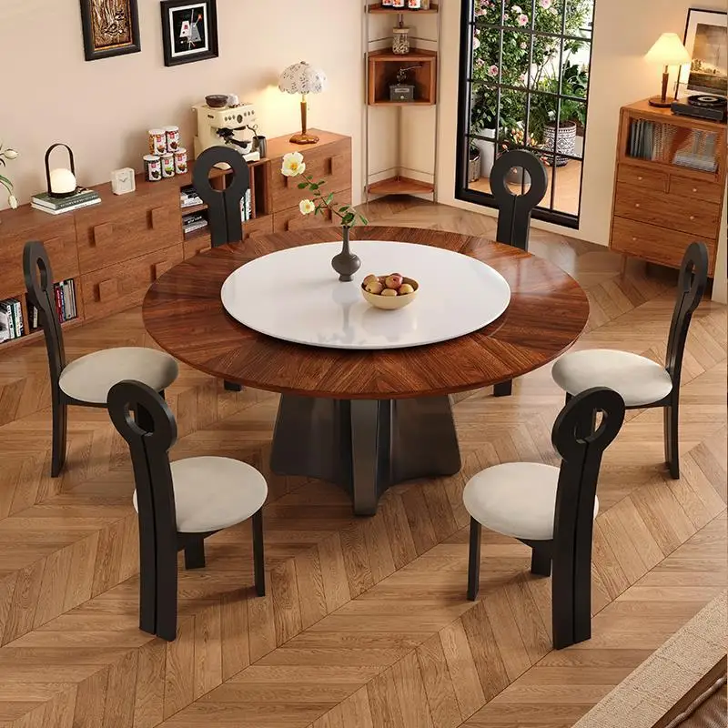 Solid wood round table log household small apartment black walnut eating table turntable