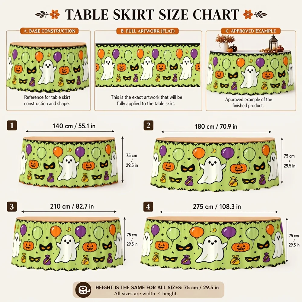 One table skirt. Halloween spooky glowing pumpkin mask print polyester festive fun scary decoration.