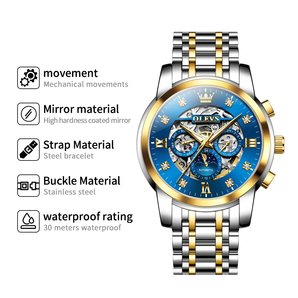 OLEVS 6721 ساعة رجالية فاخرة أصلية ساعة ميكانيكية أوتوماتيكية مقاومة للماء مضيئة مرحلة القمر ساعة مجوفة للرجال ساعة أصلية