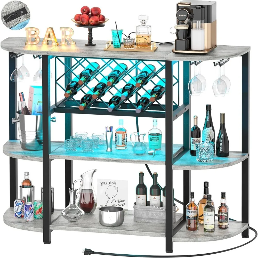 

4-tier metal coffee bar cabinet with sockets, LED lights, separate floor table, suitable for wine glass holders, wine racks