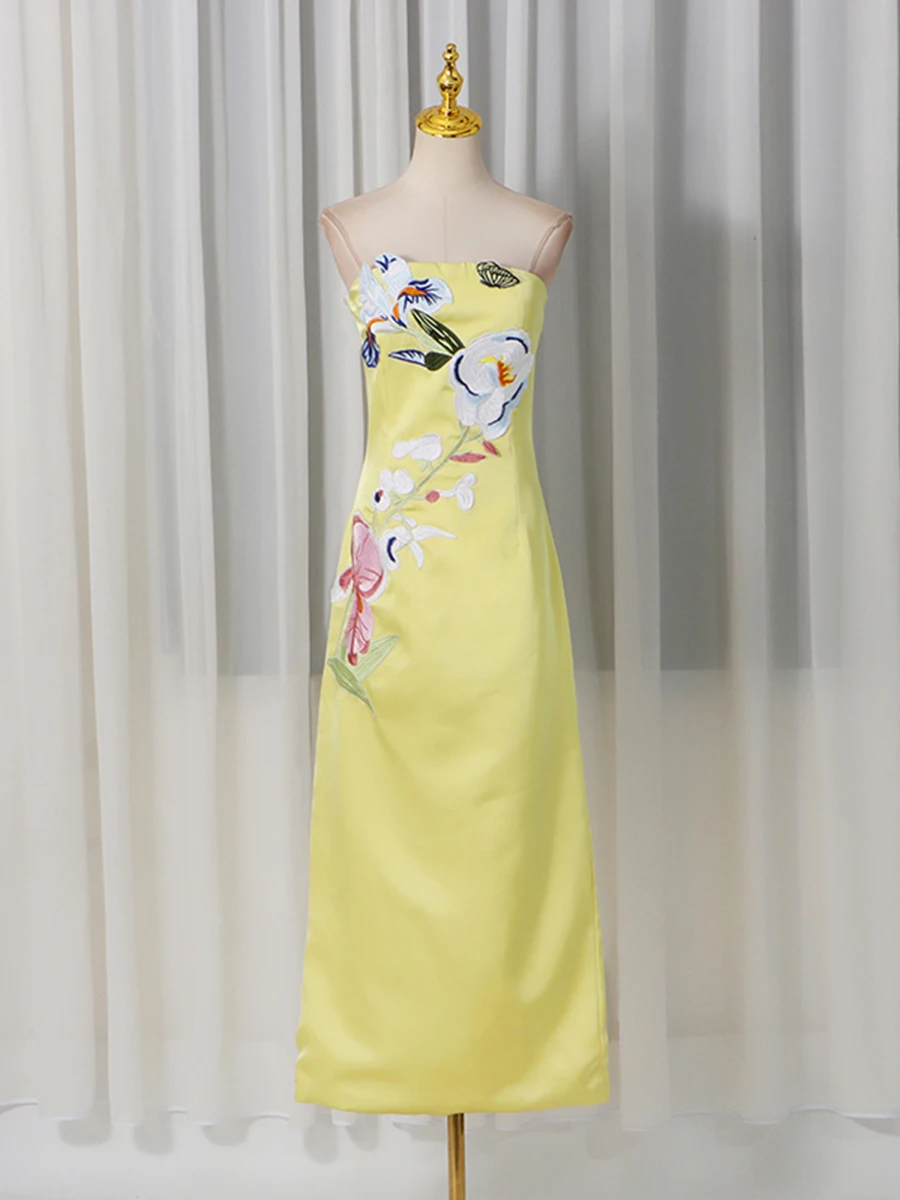 CHICEVER Yellow Spliced Embroidery Dress Female Strapless Sleeveless Slimming Gentle Intellectual Women's Dresses Summer Fashion