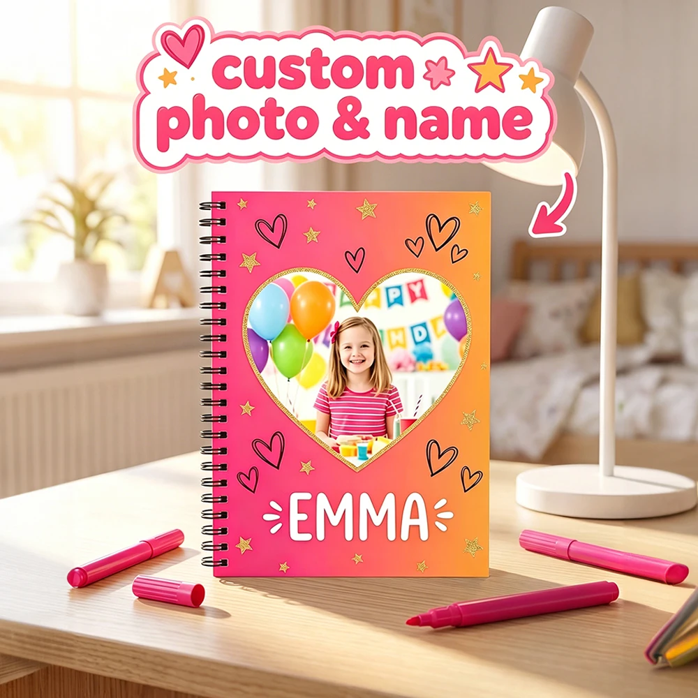 1pc Custom Photo Name Heart Spiral Notebook,Lay‑Flat Lined Writing Journal,Holiday Birthday Gift,Kid Girls,School Home Notebook