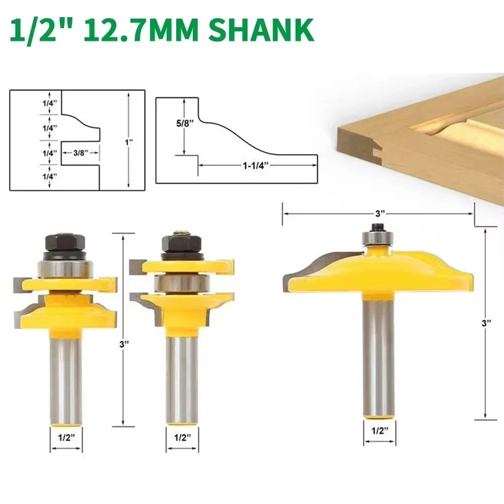 3 pièces/ensemble 1/2 "12.7MM tige fraise sculpture sur bois panneau surélevé armoire porte routeur Bit ensemble biseau travail du bois Tenon Cutter