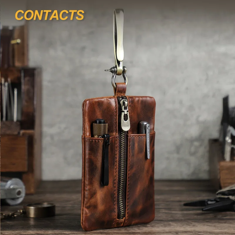 HTS-CF9098 Retro full grain cowhide outdoor tool storage bag can hold travel flashlights, knives, leather waist hanging bag