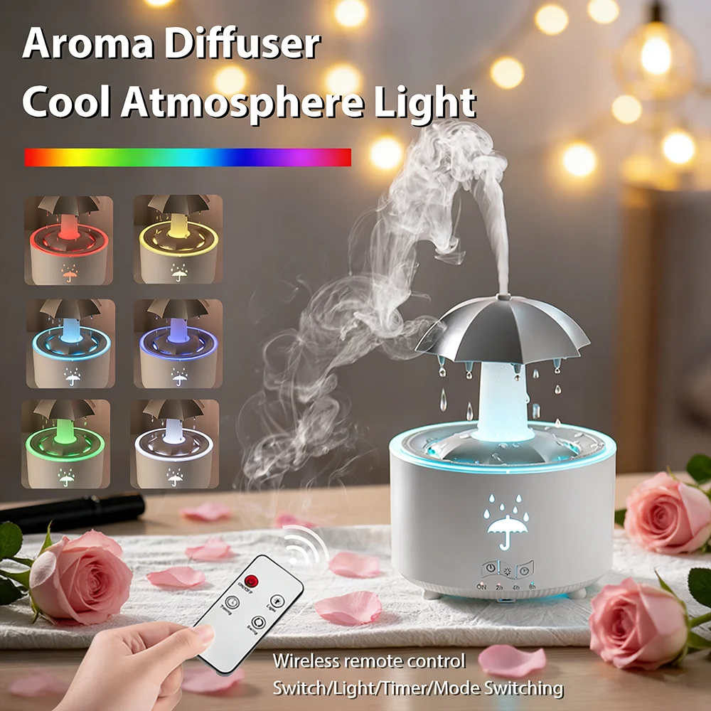 ناشر رائحة قطرة المطر المقلد الجديد الدوار لعام 2025 مع أضواء محيطة بـ 7 ألوان، و3 إعدادات للمؤقت، ومرطب هواء هادئ