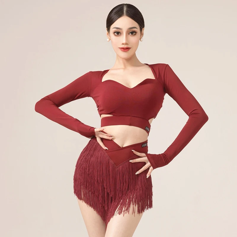 

Cha Cha Rumba Samba Latin Dance Clothes For Women Long Sleeves Short Tops Tassel Skirts Club Latin Performance Costume DNV21671