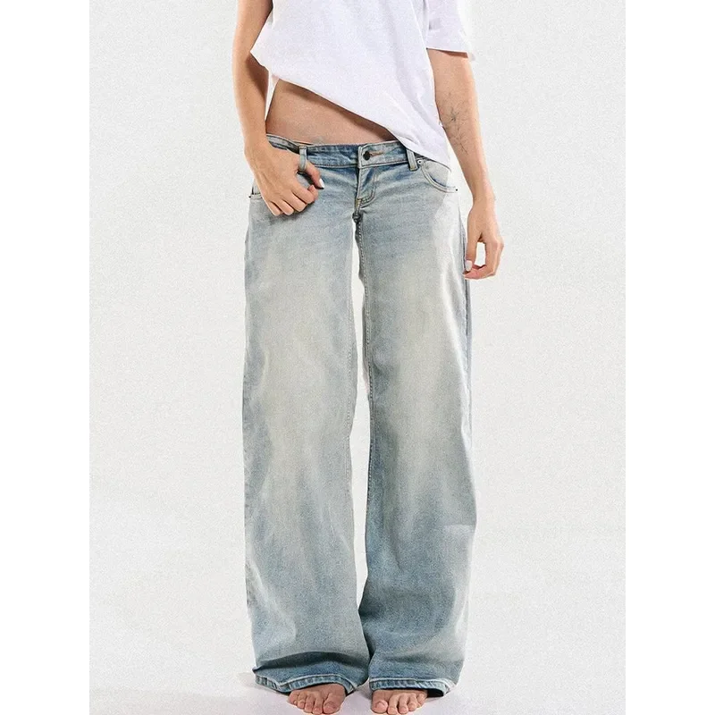 American Retro Washed Low Rise Jeans Women Loose Baggy Wide Leg Denim Pants Y2K Streetwear Vintage High Waist Floor Length