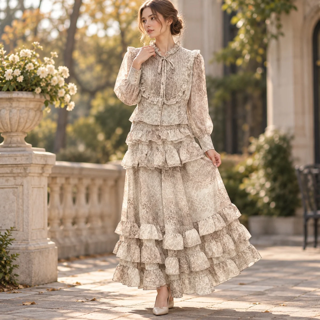 Long Sleeve Ruffle Set Maxi Length Fresh Sweet Style with Ruffle Trim Midi Skirt Printed Pattern Tie Detail Autumn for Women