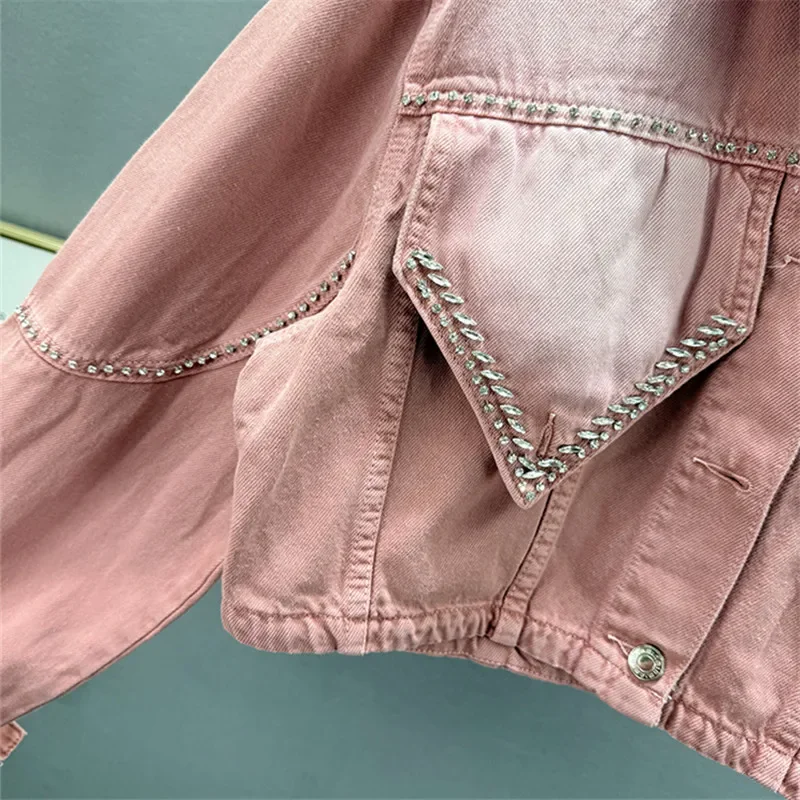 2025 frühling Herbst Frauen Neue Rosa Diamant Dünne Kurze Denim Jacke Revers Einreiher Langarm Jeans Jacke Streetwear