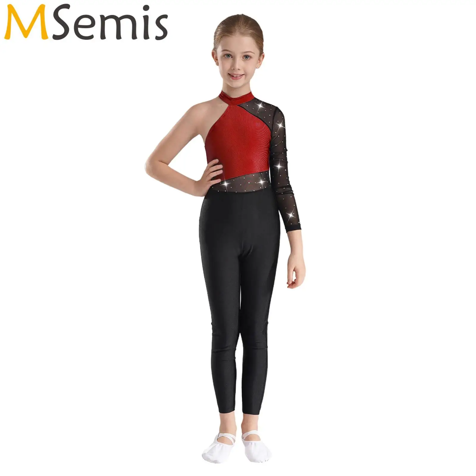 Kids Girls Glittery Rhinestones Figure Skating Dance Costume Gymnastics Jumpsuit Ballet Dance Unitards Sheer Mesh Full Bodysuit