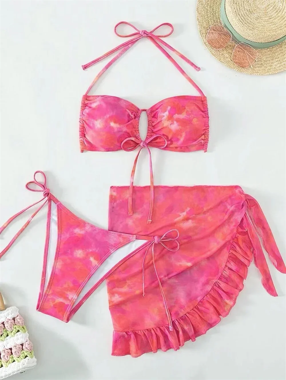 

Tie Dye Backless Bikini Extreme String Bandeau Swimsuit Y2K Ruffles Bandage Cover Ups Vacation Swimwear Women Beach Bathing Suit