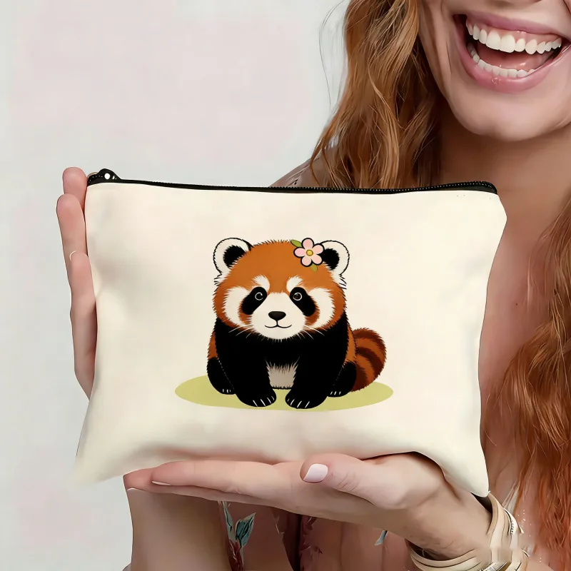 Cute Red Panda Bamboo Print Makeup Bag Zipper Cosmetic Pouch Portable Travel Toiletry Storage Bag Animal Lover Gift Makeup Pouch