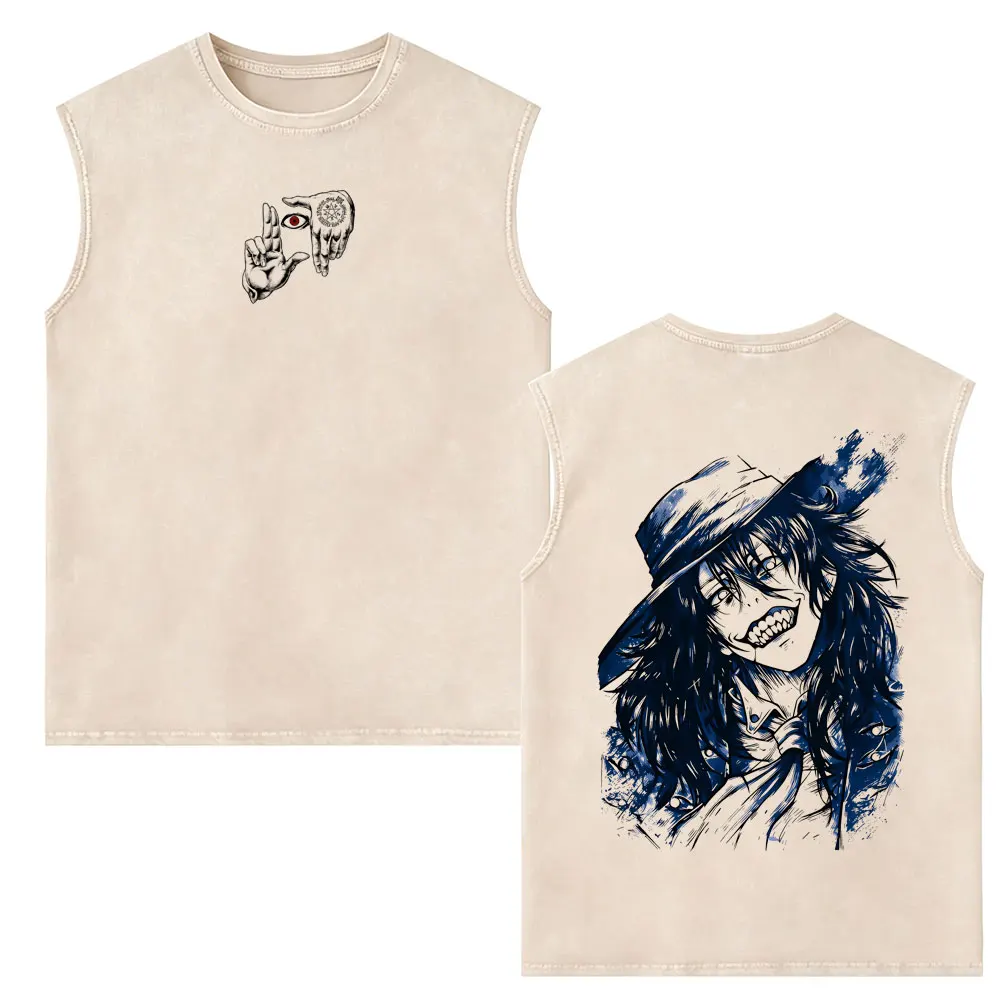 Anime Hellsing Vampire Alucard Head Vintage Washed Tank Tops Men Women Manga Gothic Rock Sleeveless Vest Male Fashion Streetwear