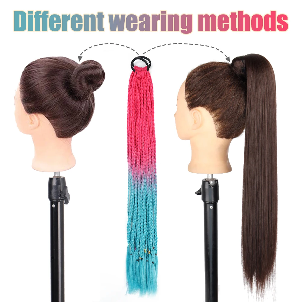 Coleta trenzada sintética de colores para niños, extensiones de cabello con trenzas sucias de 24 pulgadas, coleta y moño con banda de goma