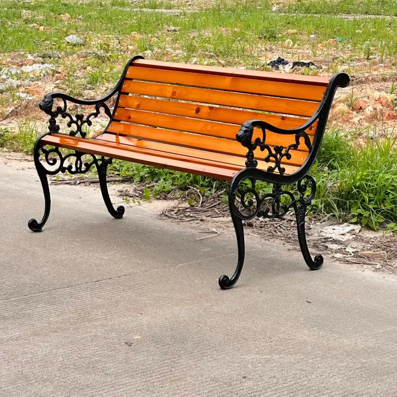 Outdoor Cast Aluminum Bench Solid Wood Seating Anti-Corrosion Metal Park Bench Garden Backless Bench for Public Area Decor