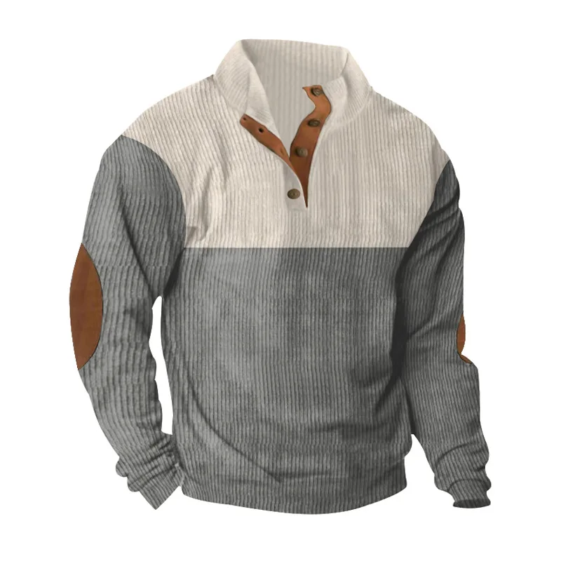 Frühling und Herbst Europäisches Herren-Outdoor-Casual-Sport-Sweatshirt mit Knopfleiste und Stehkragen aus lockerem Cord mit Farbblockmuster – Detail 19