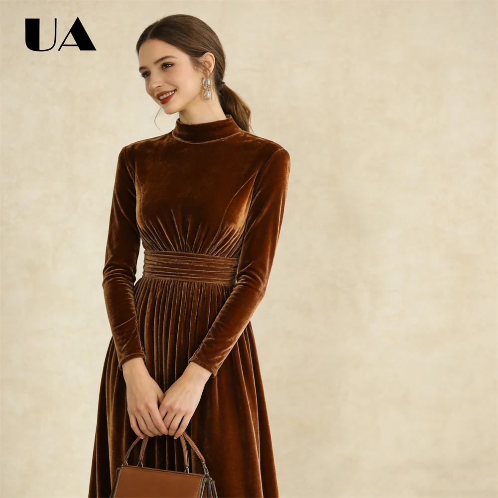 Fluwelen lange avondjurk voor dames, hoge hals, lange mouwen, ruches in de taille, vloeiende maxi-silhouet, formele jurk voor cocktailgala