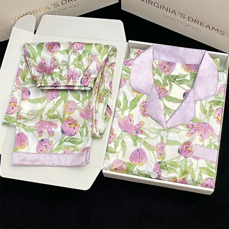 Ice Silk Pajamas for Women in Spring and Summer, New Short Sleeved Long Pants, Tulips, and Summer Silk Home Clothing Sleepwear