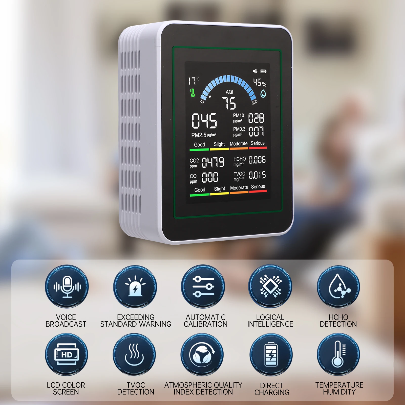 

Измеритель HCHO 10 в 1, портативный измеритель температуры и влажности с цветным экраном для дома, офиса, автомобиля, обнаружения PM0.3 PM2.5 PM10