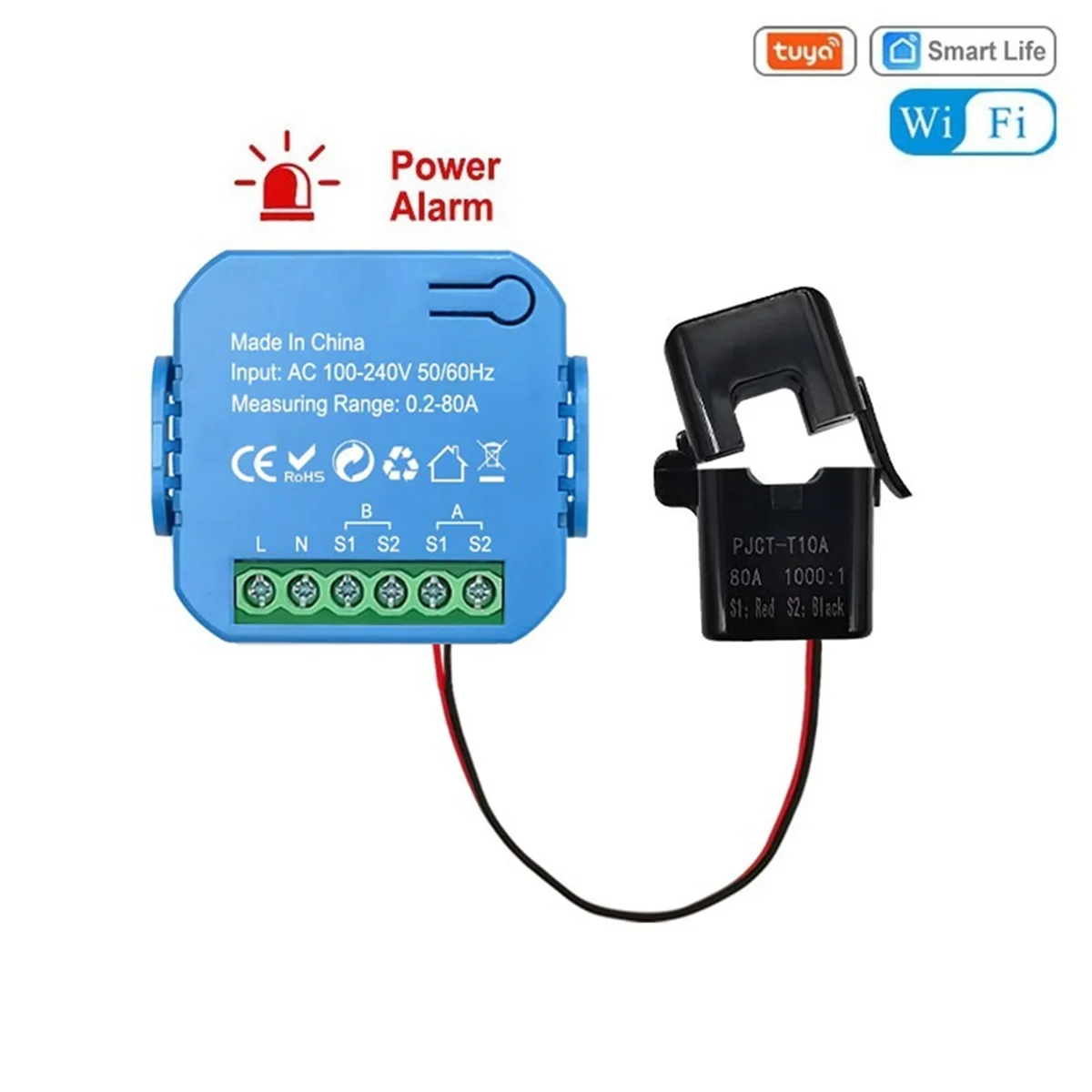 Tuya WIFI Smart Energy Meter Bidirectional with Transformer Clamp App Monitor Power 80A Support Alarm 1 Channel-1CT