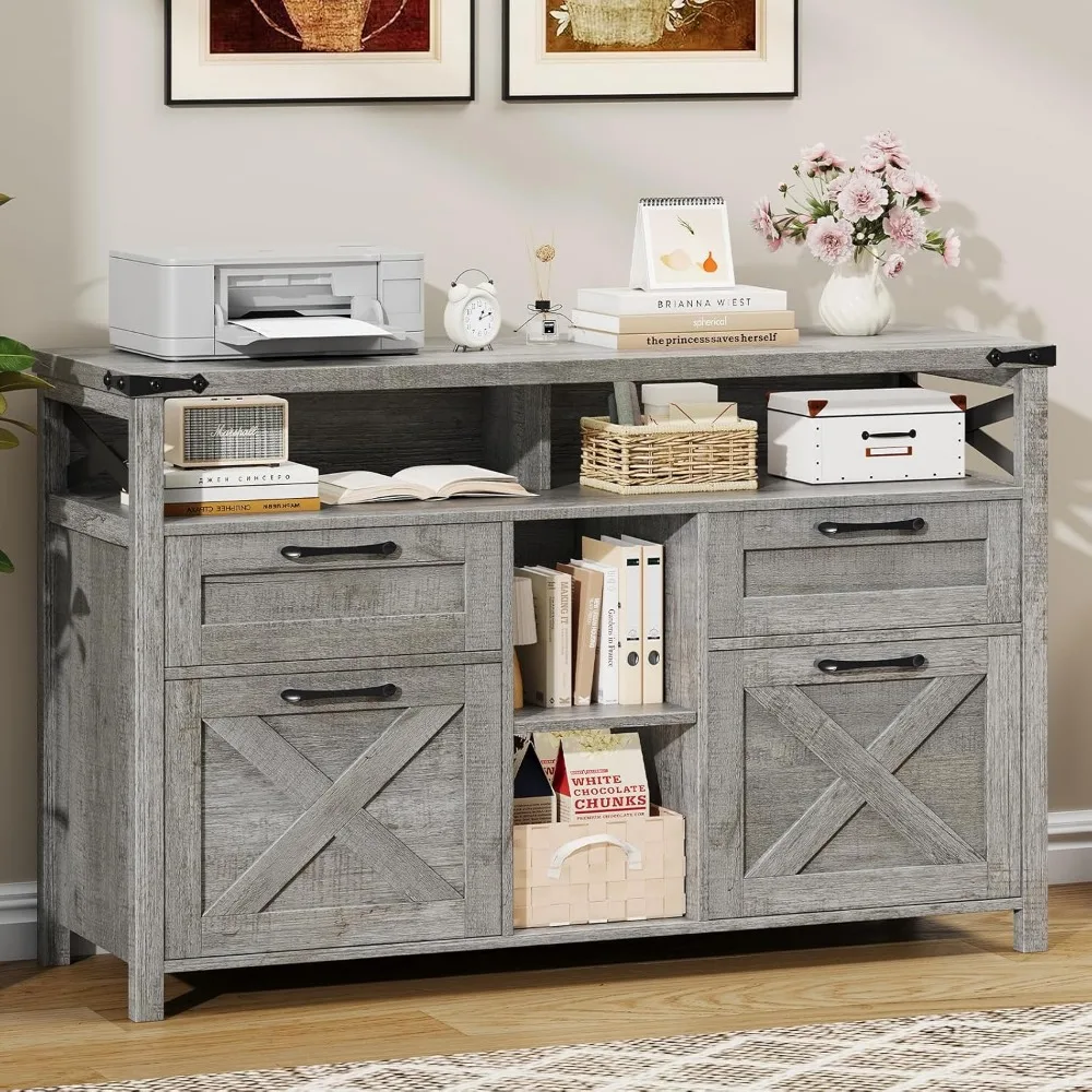 Farmhouse Style 4-Drawer File Cabinet with Adjustable and Open Storage Shelf for Home Office Organization