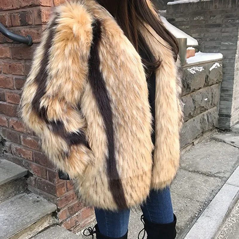 Artificial Fox Hair Marble Pattern for Women's Medium Length Trendy Mixed Color Imitation Raccoon Fur Coat