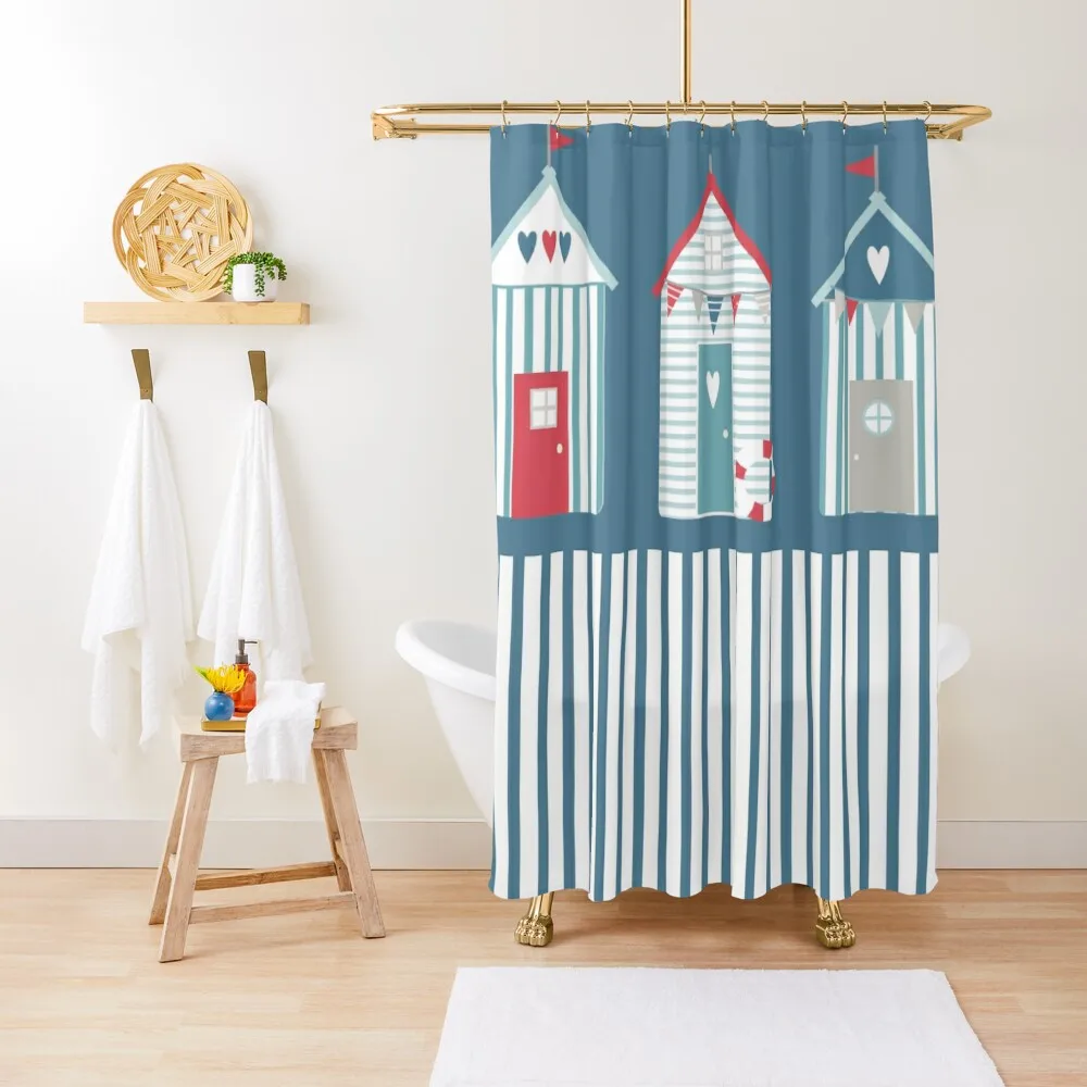 

By The Sea Beach Huts Shower Curtain Waterproof Bath And Anti-Mold Cover Cute Shower Shower Bathroom Curtain