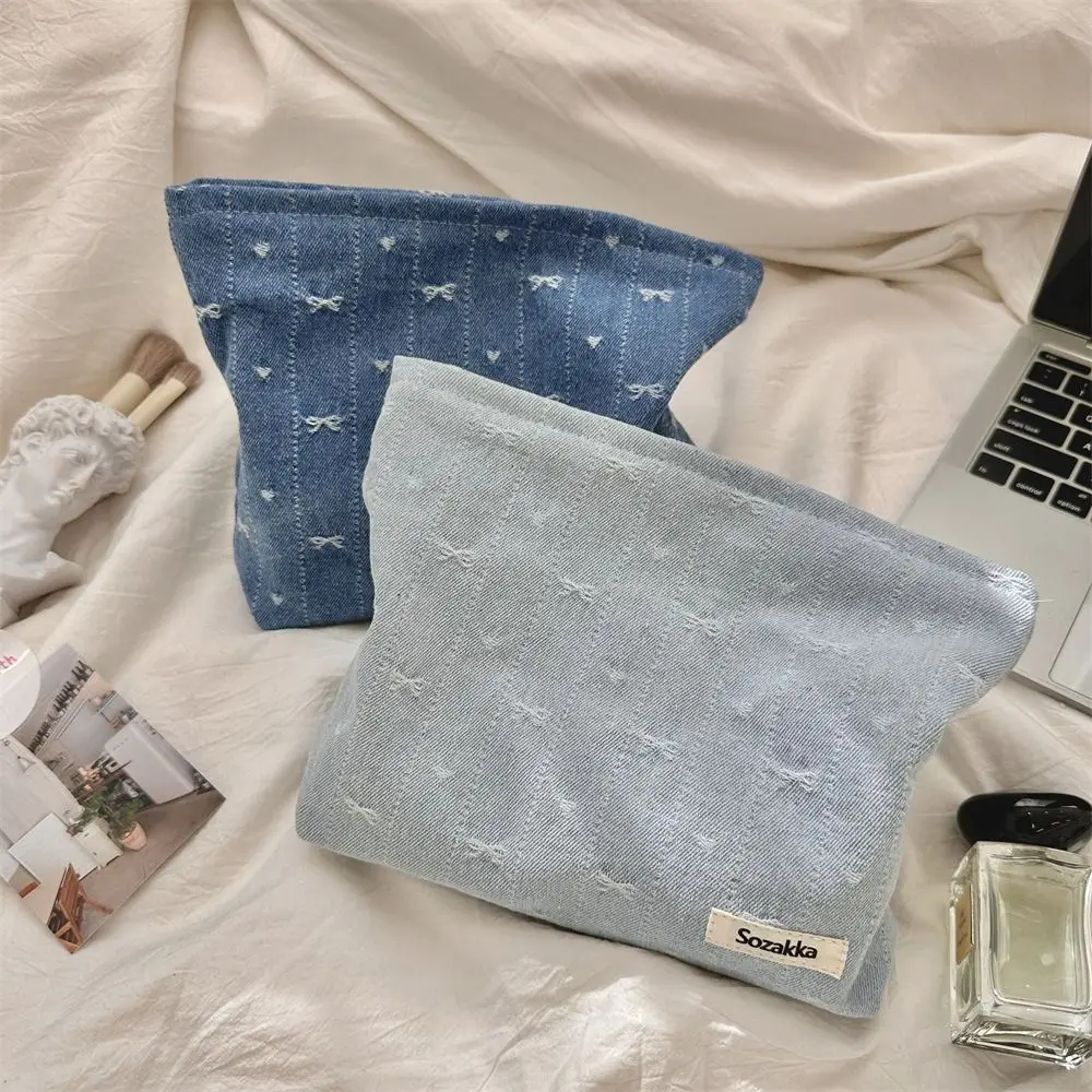 

Zipper Denim Makeup Bag Clutch Bag Large Capacity Bow Cosmetic Bag Multifunctional Toiletry Organizer Skincare Storage Bag