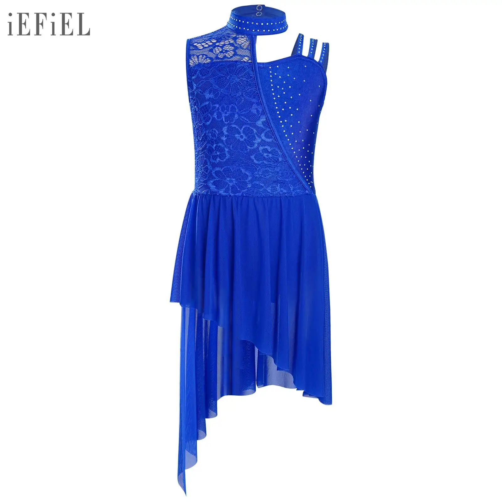 

Kid Girls Ballet Lyrical Dance Dress Modern Contemporary Dancewear Mock Neck Floral Lace Rhinestones Irregular Hem Leotard Dress