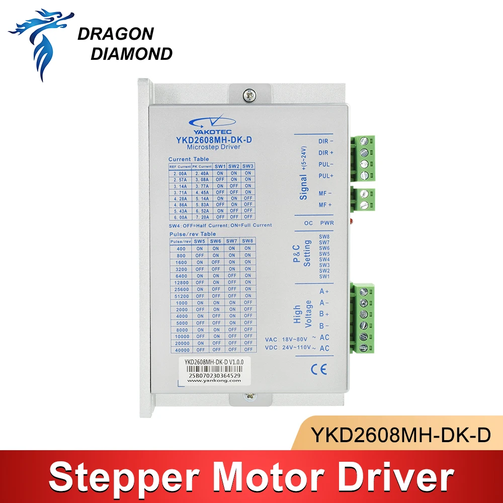

Драйвер шагового двигателя YAKO YKD2608MH-DK-D, 18-80В переменного тока, 6.0А, для двигателей NEMA23, NEMA34, для фрезерных станков с ЧПУ, гравировальных машин