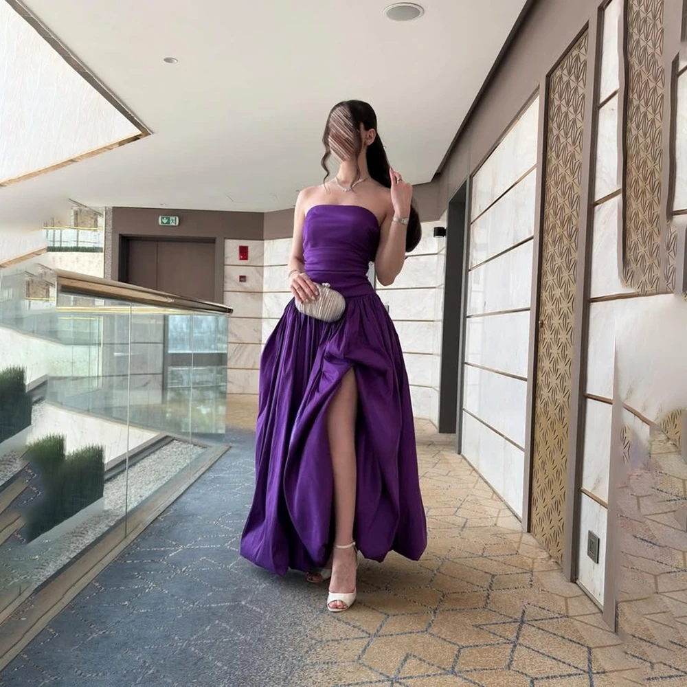 

Фиолетовое платье для выпускного вечера для женщин, плиссированные атласные вечерние платья трапециевидной формы, элегантное вечернее платье с разрезом до бедра на шнуровке сзади по индивидуальному заказу