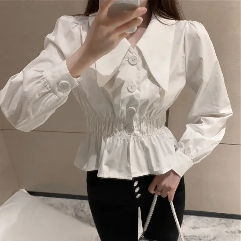 

New Autumn Style Fashionable White Shirt For Women Design Collar Waist-hugging Short Top