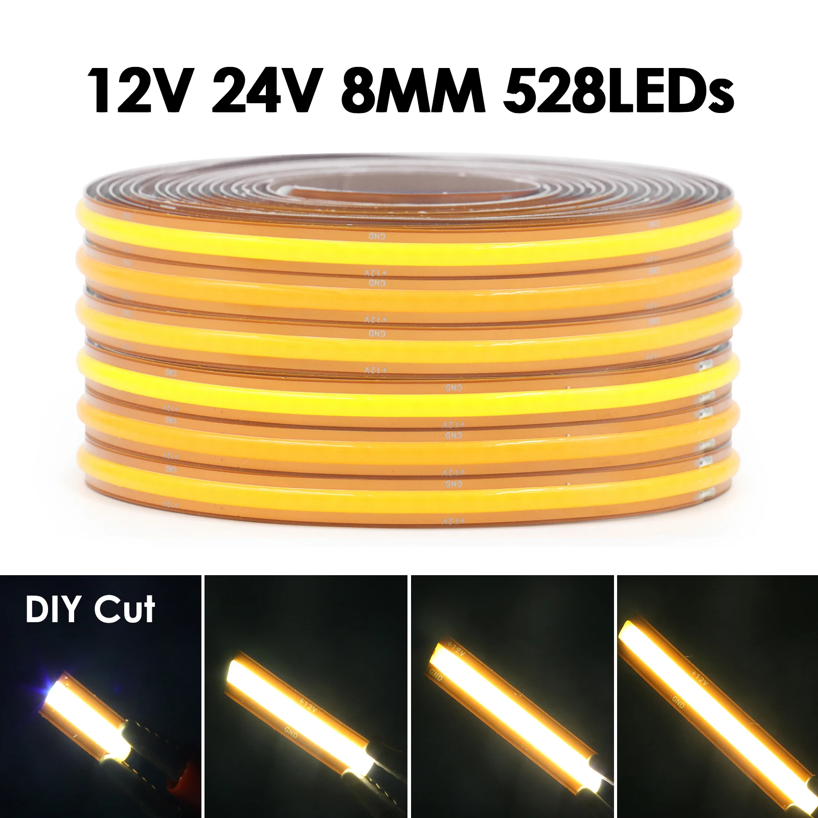 DC 12V 24V COB LED Strip 528LEDs/m Super Bright Cut Freely Flexible COB Tape Light Bar 8MM PCB Linear Lighting 3000K 4000K 6000K