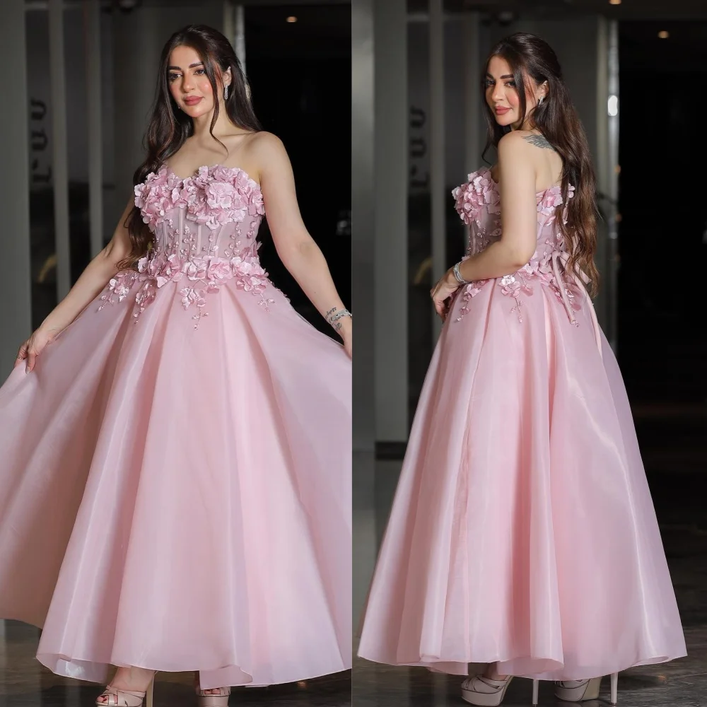 Organza Flower Wedding Party A-line Strapless Bespoke Occasion Gown Long Dresses