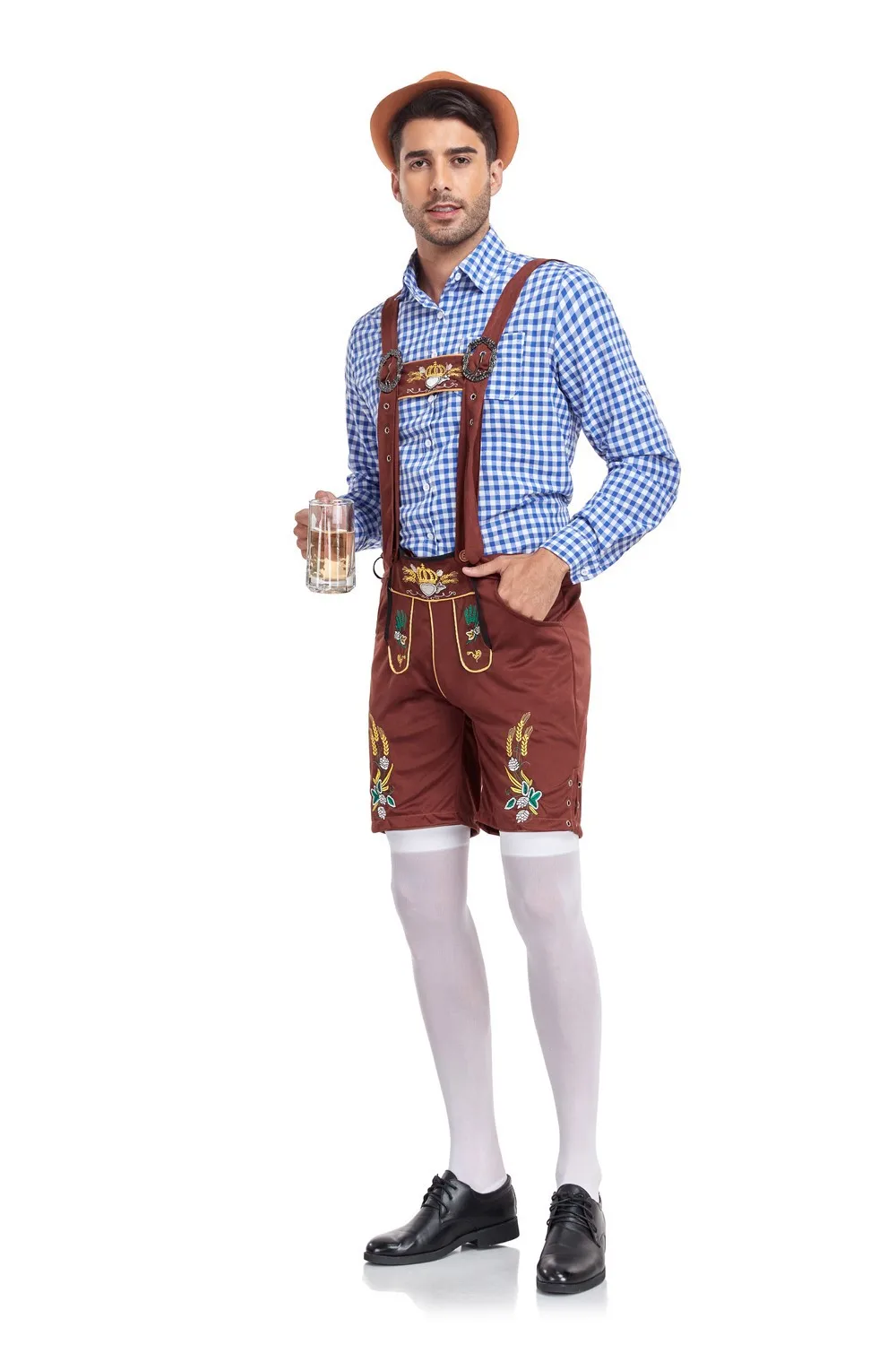 Abito da birra tradizionale tedesco Oktoberfest camicia scozzese da uomo con bretelle di birra