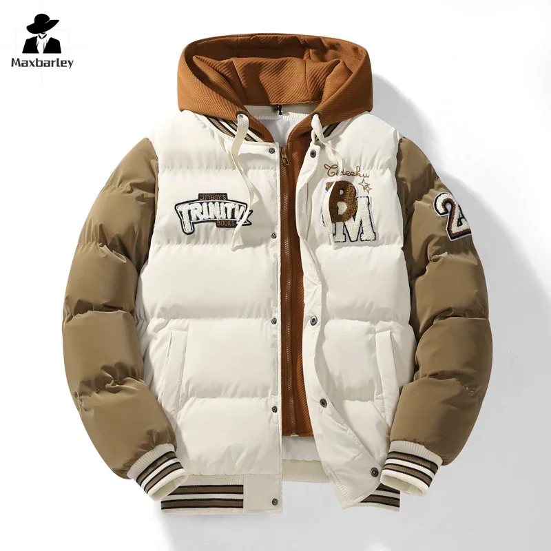 2024 inverno jaqueta com capuz masculino na moda casual destacável falso 2 peça parka unisex harajuku estudante grosso quente para baixo casaco de algodão