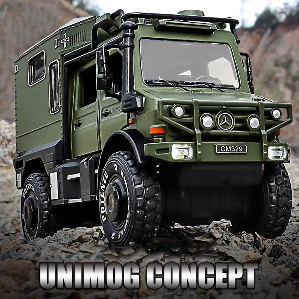 

1:28 Unimog X-CLASS Внедорожники Игрушечная модель автомобиля из сплава, литой под давлением, звуковой свет, двери, открытые, кемпинг, автофургон, подарок для ребенка
