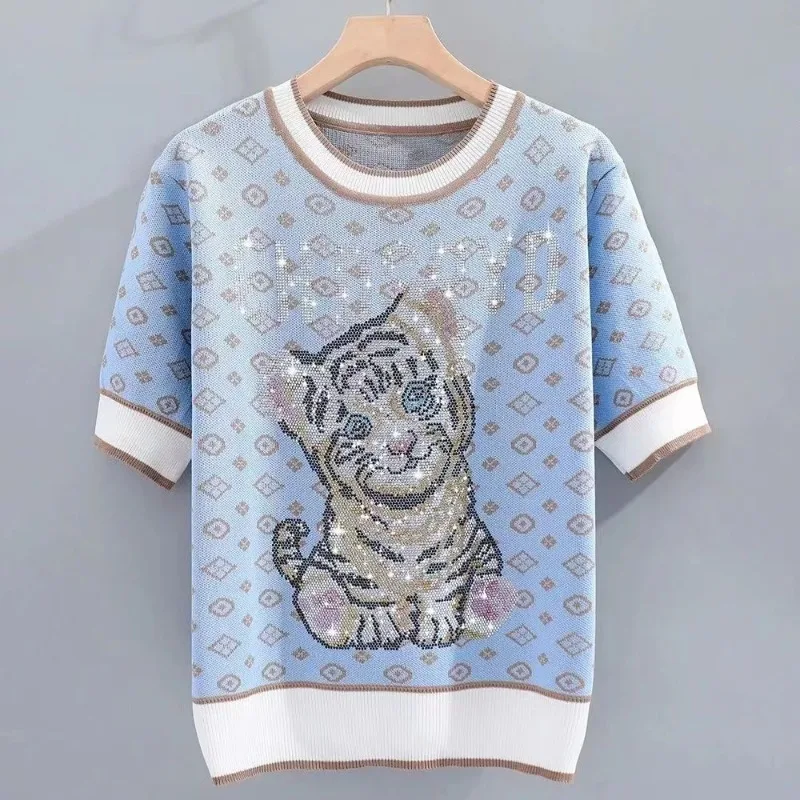 2024 New Summer Sweet Short Sleeve T-shirts Women\'s Knitted Loose Pullover Chic Animal Printed Letter Diamonds Round Neck Tops